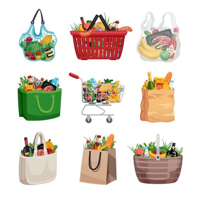 Shopping bag colored set of paper plastic and textile bags basket and cart filled to top with food isolated vector illustration